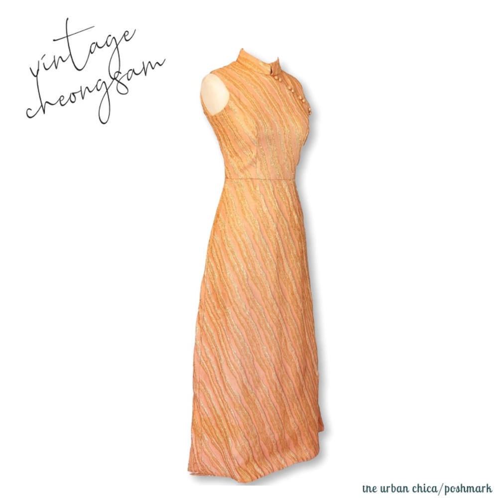 Vintage Chic Peach Gold Metallic Formal Cheongsam